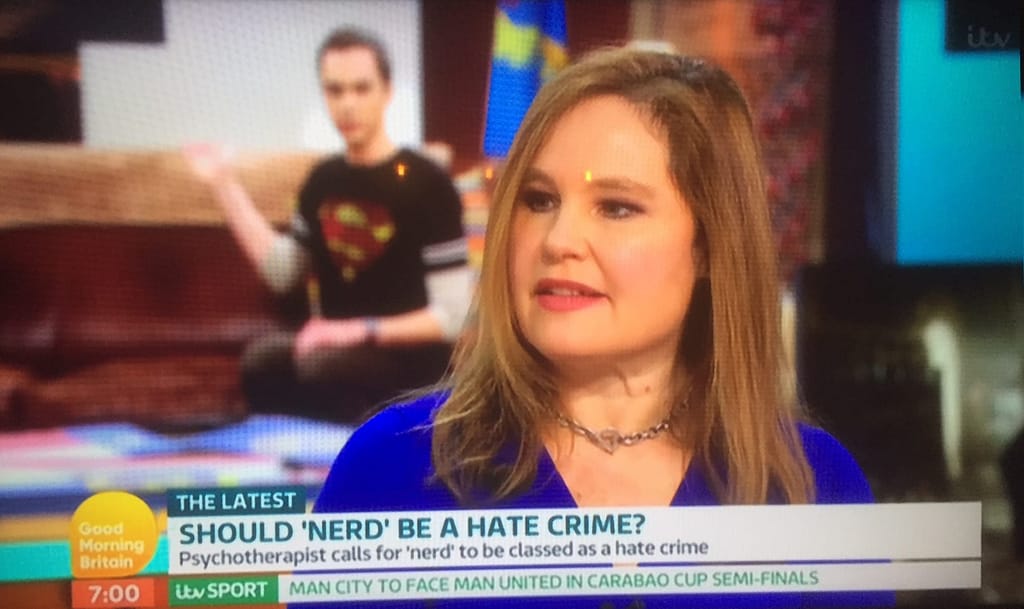 Academic and author Dr Sonja Falck, a client of book PR agency Palamedes PR, takes part in a live debate on Good Morning Britain with Bobby Seagull about whether insults such as 'geek' and 'nerd' should be criminalised under hate speech legislation.
